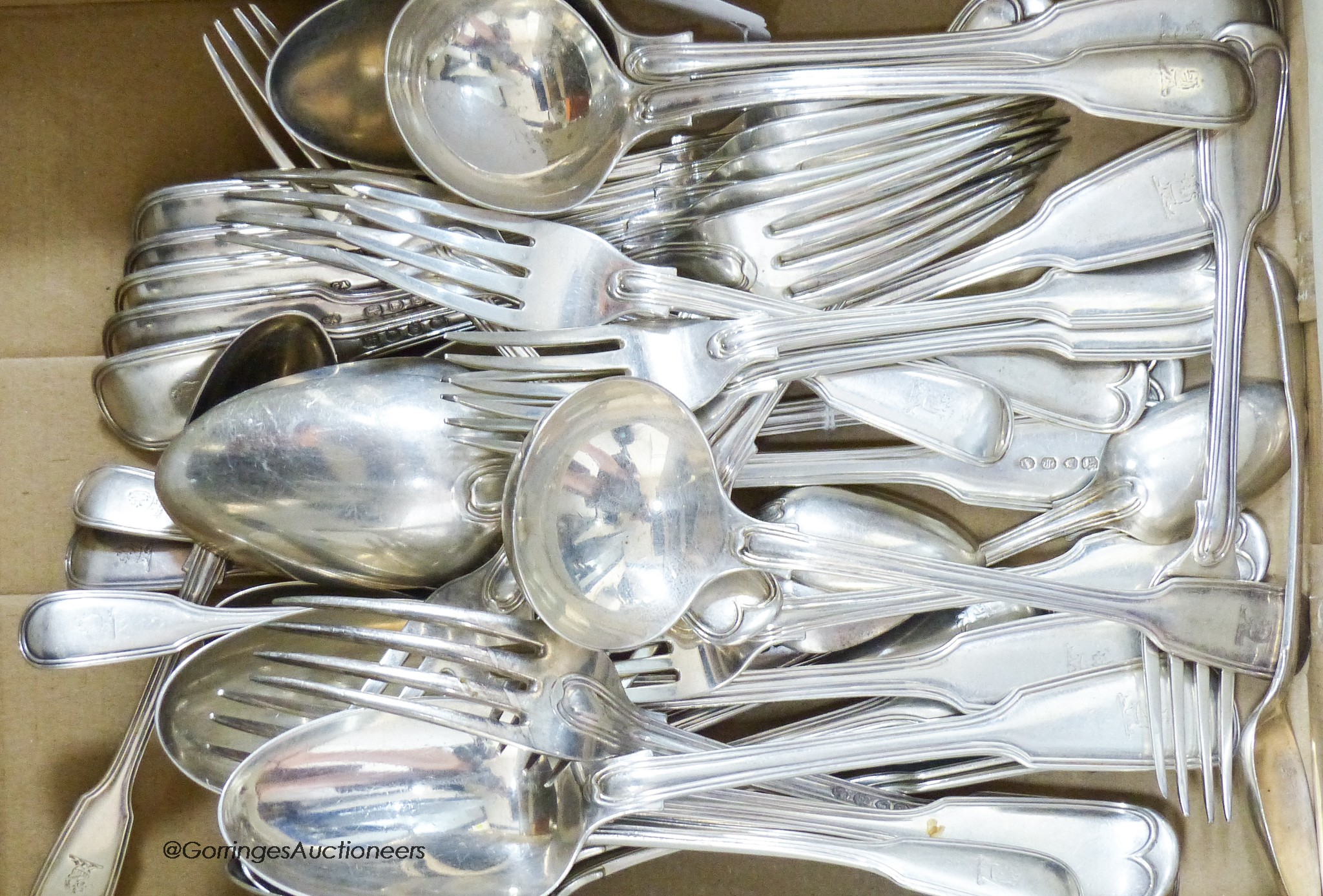A part canteen of Victorian silver fiddle and thread pattern flatware by George Adams, various dates, comprising thirty nine items, 79oz.